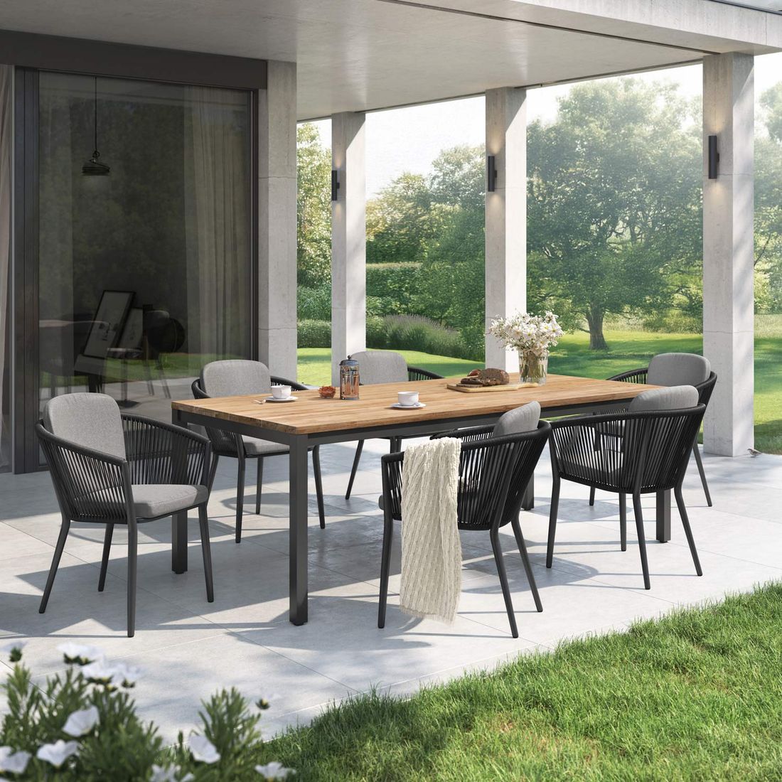 Hagemøbelsett Monet 6 plasser teak og aluminium 220x100cm front