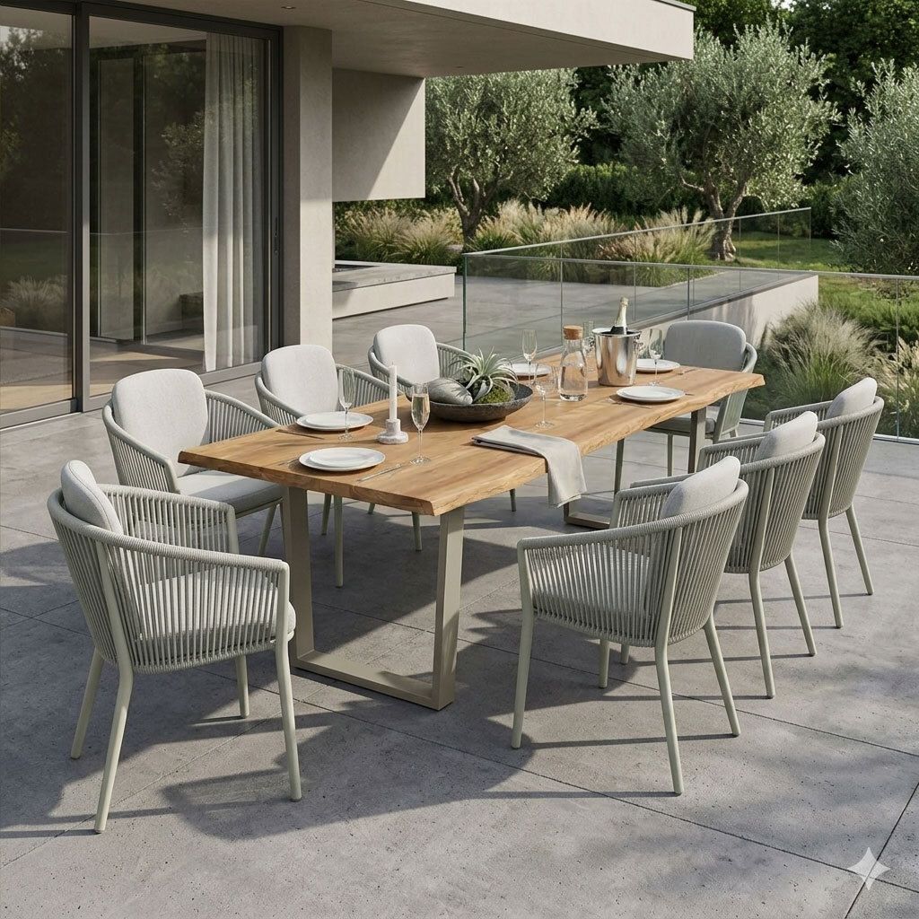 Hagemøbelsett Monet 8 plasser aluminium og teak forfra