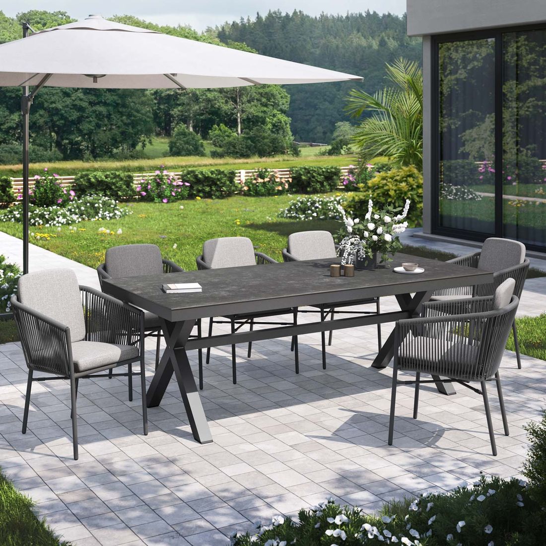 Hagemøbelsett Ohio 6 plasser aluminium keramikk 220x100 cm - OUTLIV forfra