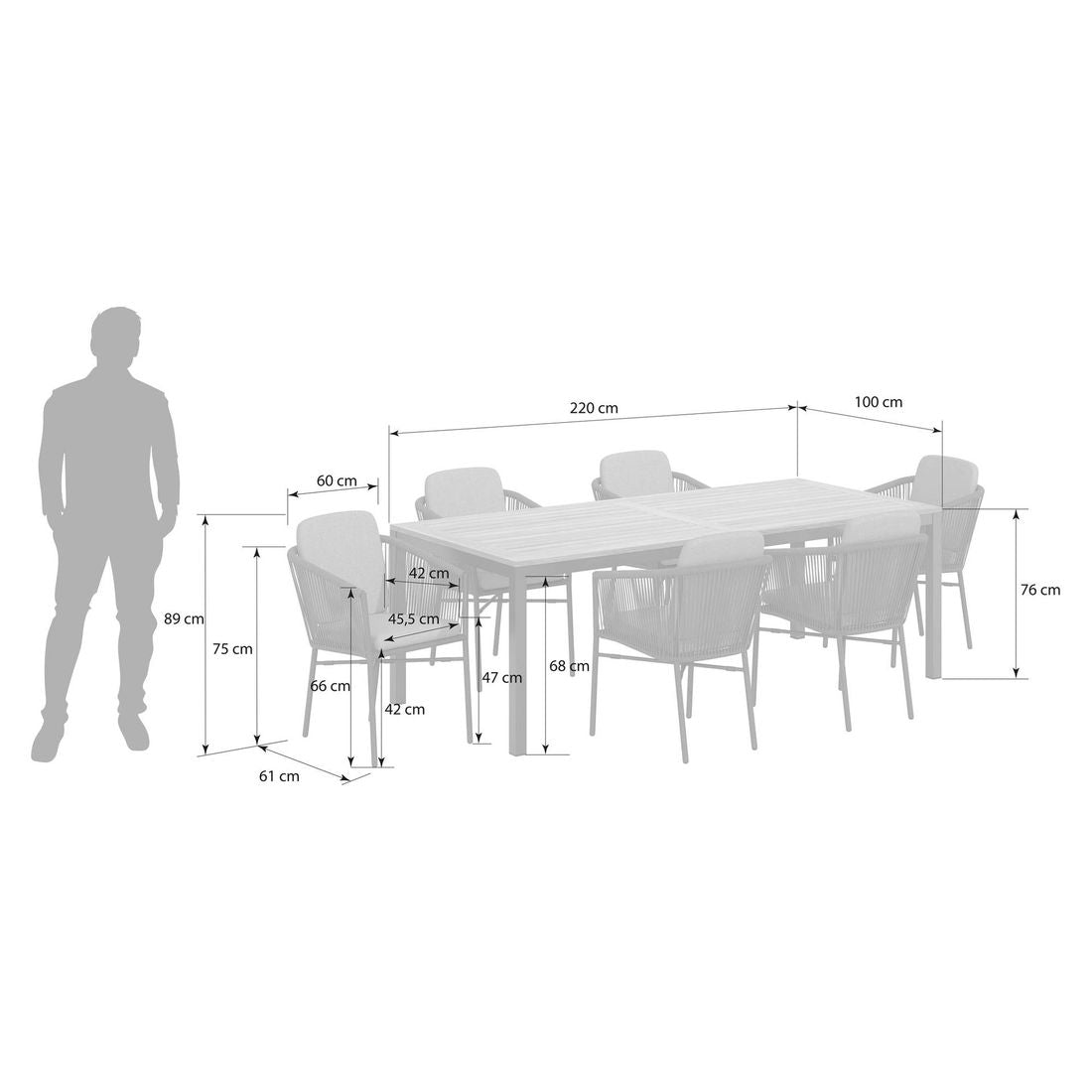 Detalj av bordplate i teak på Hagemøbelsett Ohio 6 plasser aluminium teak