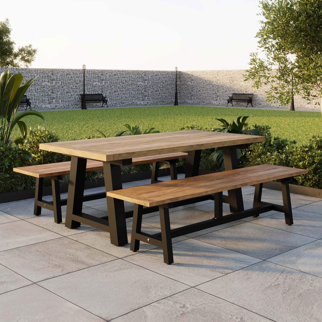 Hagemøbelsett Omaha 6 plasser aluminium og teak forfra