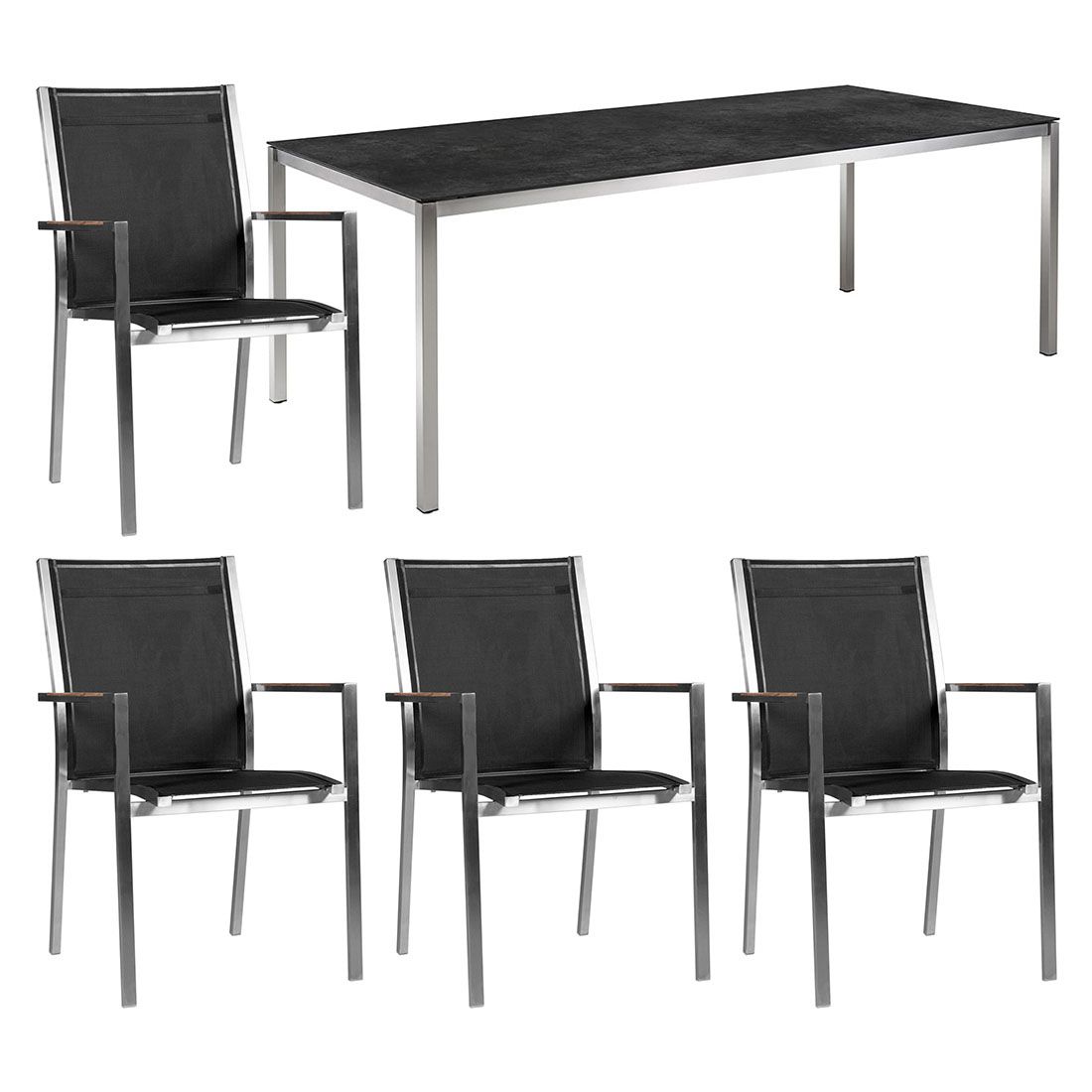 Hagemøbelsett One 4 plasser rustfritt stål keramikk 140x80 cm front