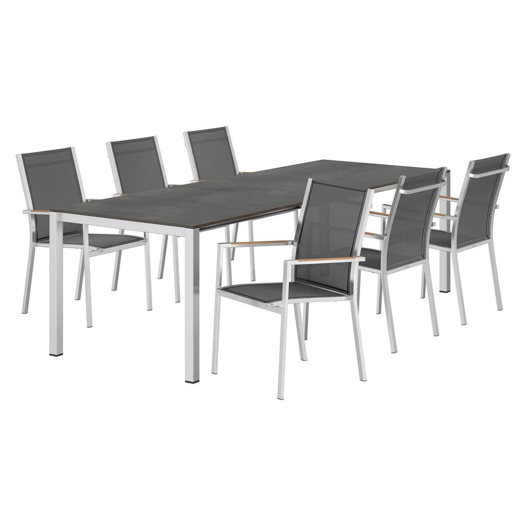 Hagemøbelsett One 6 plasser, rustfritt stål HPL montert på terrasse