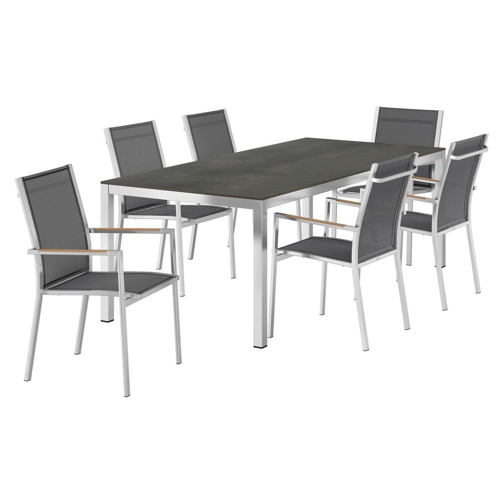 Hagemøbelsett One 6 plasser rustfritt stål HPL-bord bakside