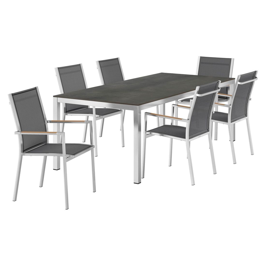 Hagemøbelsett One 6 plasser rustfritt stål HPL-bord bakside