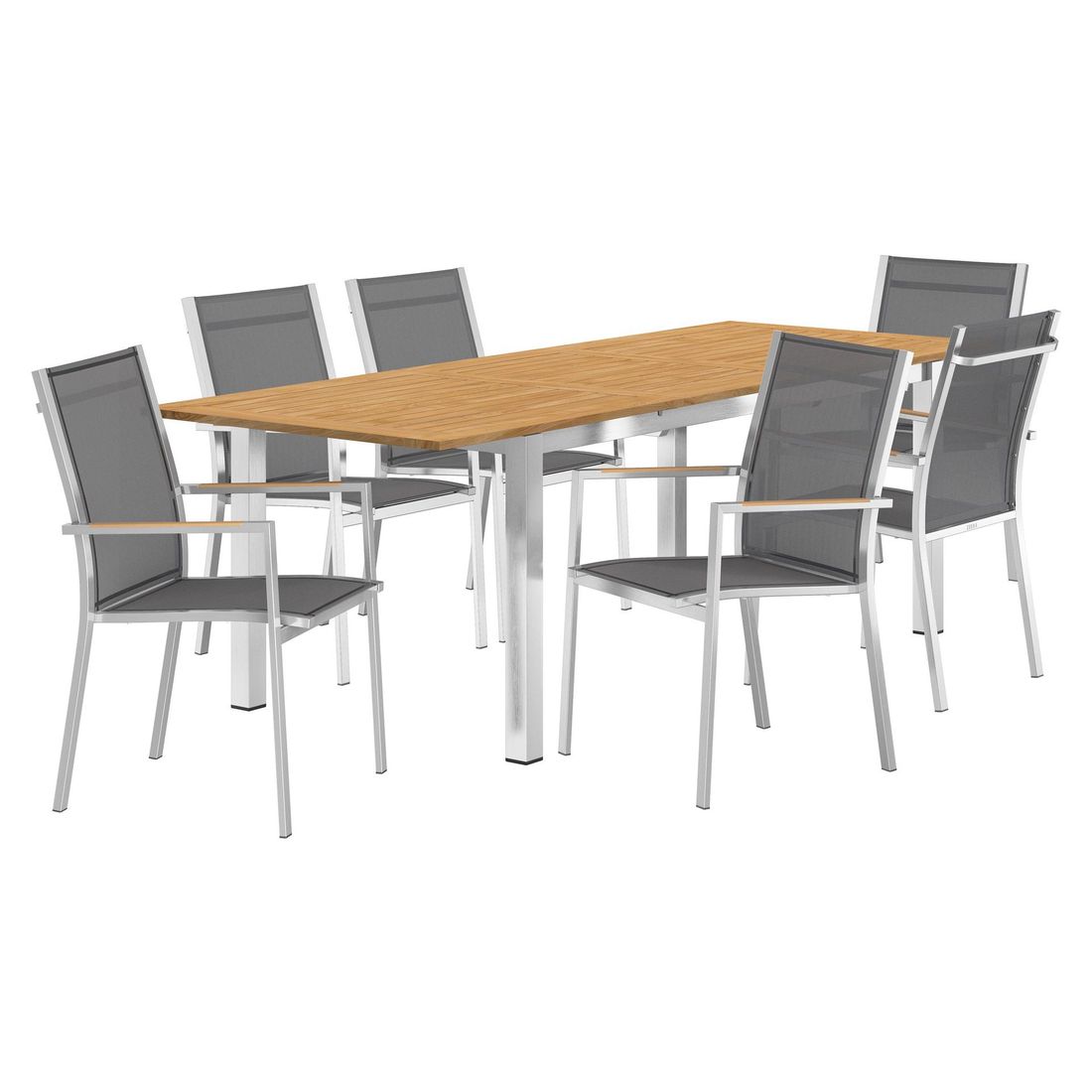 Nærbilde av stabelbar stol i tekstilene på Hagemøbelsett One 6 plasser rustfritt stål/teak 180/240x90 cm - Zebra