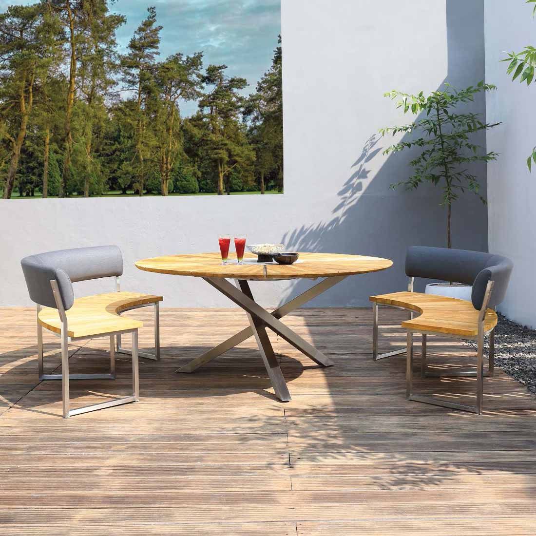 Hagemøbelsett Onyx 3-delt teak og rustfritt stål Ø160 cm forfra