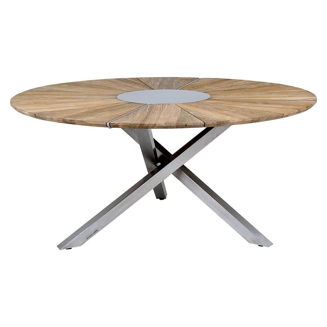 Hagemøbelsett Onyx 3-delt teak og rustfritt stål Ø160 cm montert på terrasse