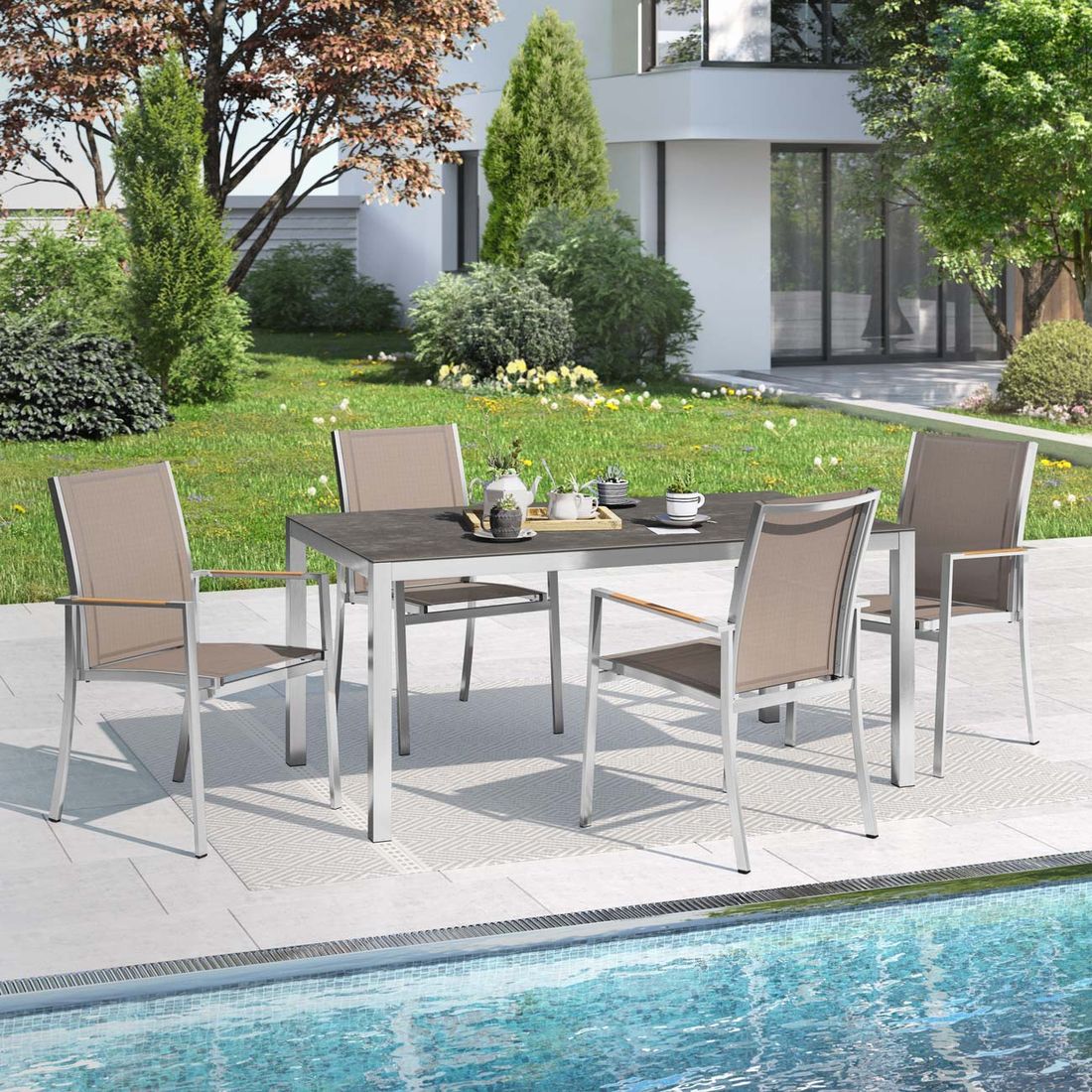 Hagemøbelsett Oviedo 4 plasser, keramikk 160x90 cm taupe - OUTLIV forfra
