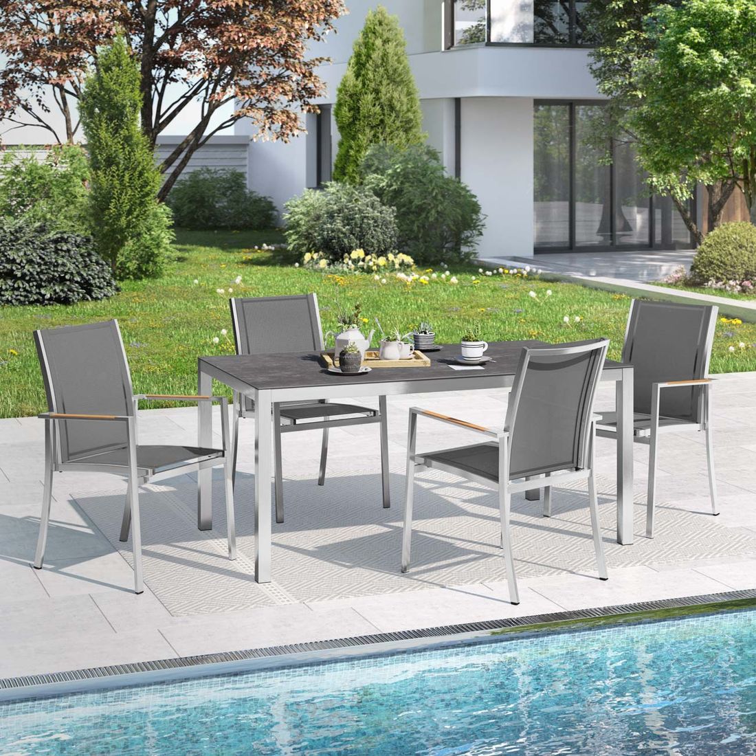 Hagemøbelsett Oviedo 4 plasser rustfritt stål front