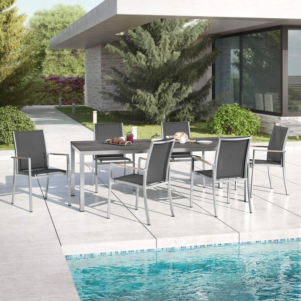 Hagemøbelsett Oviedo 6 plasser HPL 220x100cm svart/sølv forfra
