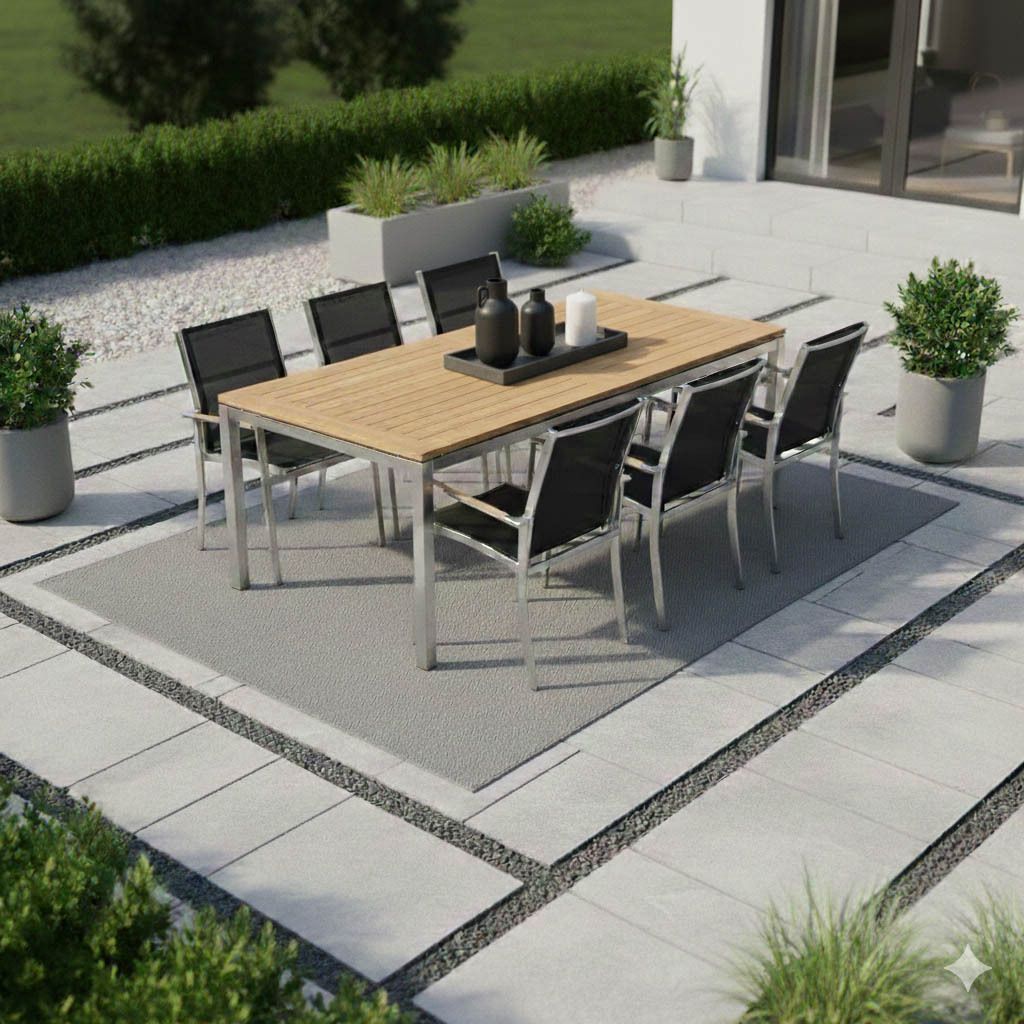Hagemøbelsett Oviedo 6 plasser rustfritt stål svart 200x100 cm forfra