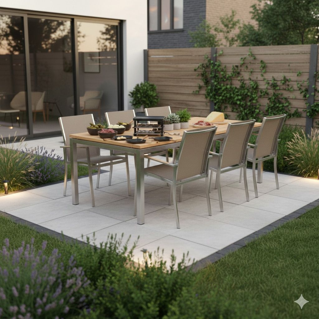 Hagemøbelsett Oviedo 6 plasser rustfritt stål taupe 200x100 cm forfra