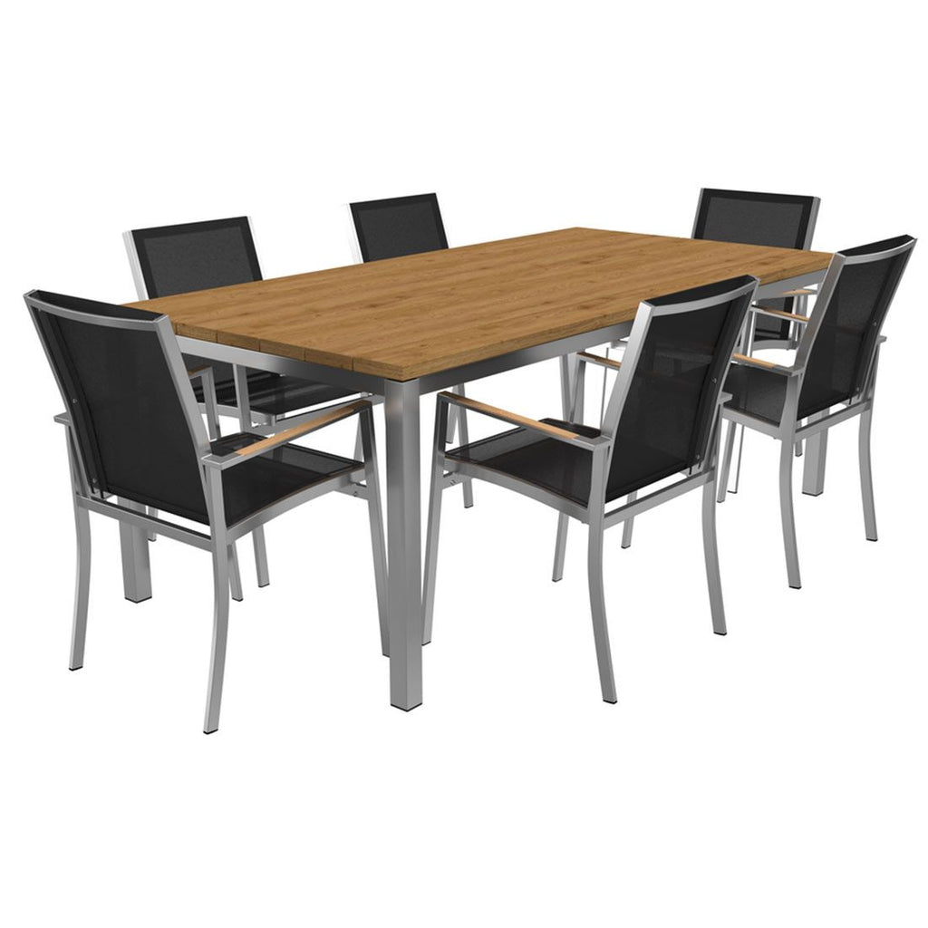 Bakside av Hagemøbelsett Oviedo 6 plasser rustfritt stål textilen 200x100