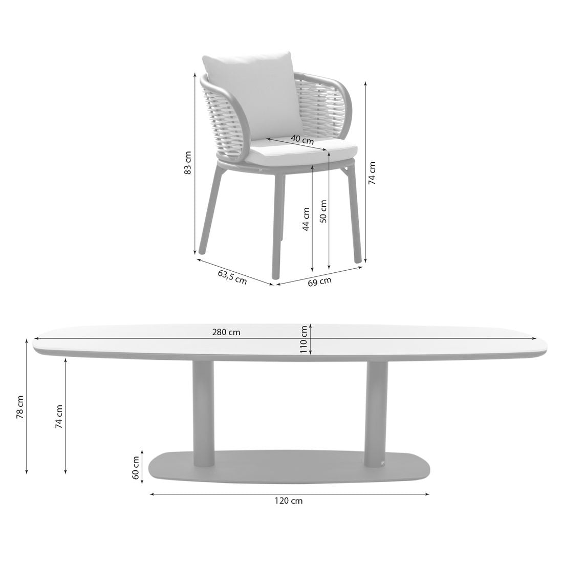Hagemøbelsett Pine Key XL 8 plasser montert på terrasse
