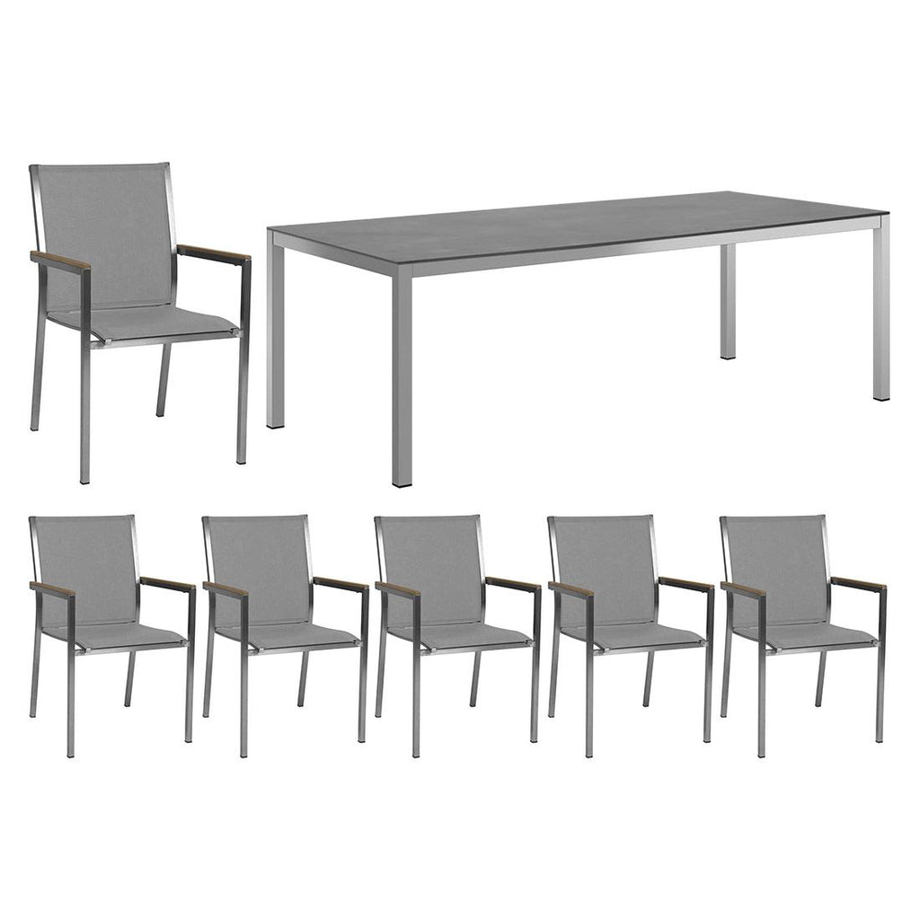 Hagemøbelsett Polaris 6 plasser rustfritt stål HPL 220x100 cm forfra