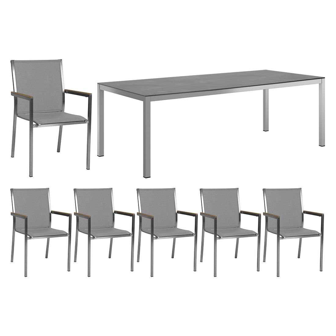 Hagemøbelsett Polaris 6 plasser rustfritt stål HPL 220x100 cm forfra
