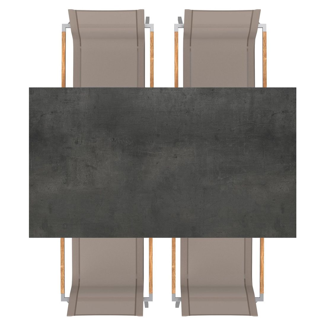 Hagemøbelsett Rimini 4 plasser HPL og textilen taupe bord og stoler montert