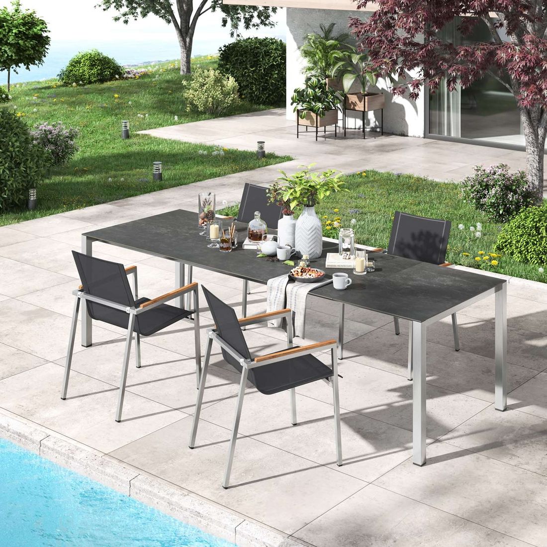 Hagemøbelsett Rimini 4 plasser, uttrekkbart bord 160-267x92 cm - OUTLIV forfra