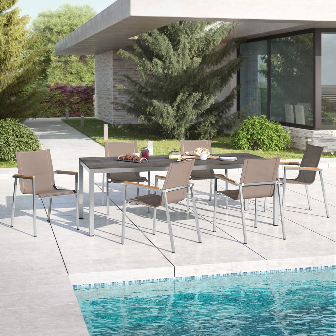 Hagemøbelsett Rimini 6 plasser, rustfritt stål taupe 220x100 cm - OUTLIV forfra