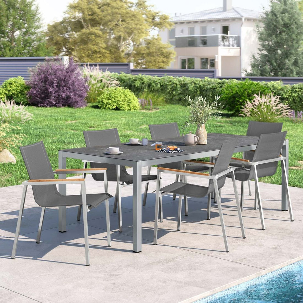 Hagemøbelsett Rimini 6 plasser rustfritt stål/textilen forfra