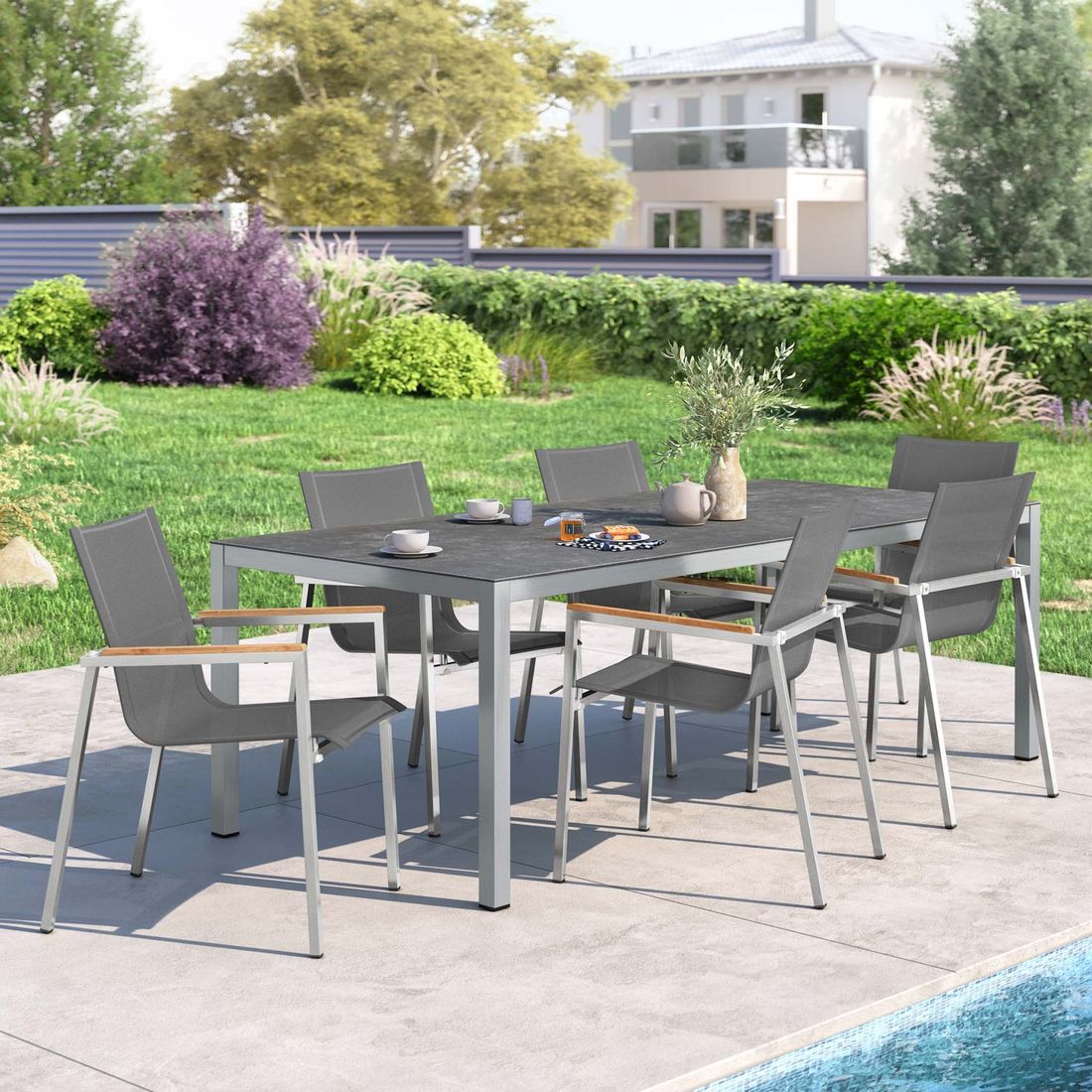 Hagemøbelsett Rimini 6 plasser rustfritt stål/textilen forfra