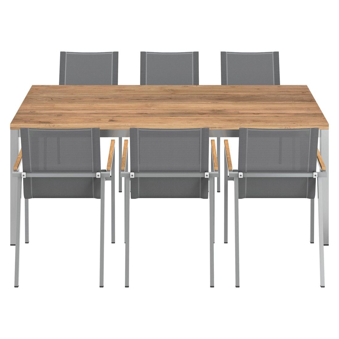 Nærbilde av bordplate i resirkulert teak på Hagemøbelsett Rimini 6 plasser rustfritt stål 200x100 cm - OUTLIV