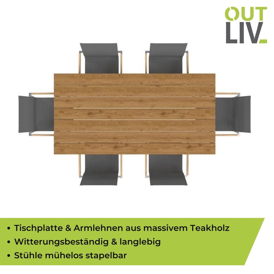 Hagemøbelsett Rimini 6 plasser rustfritt stål 200x100 cm - OUTLIV bordplate utsikt