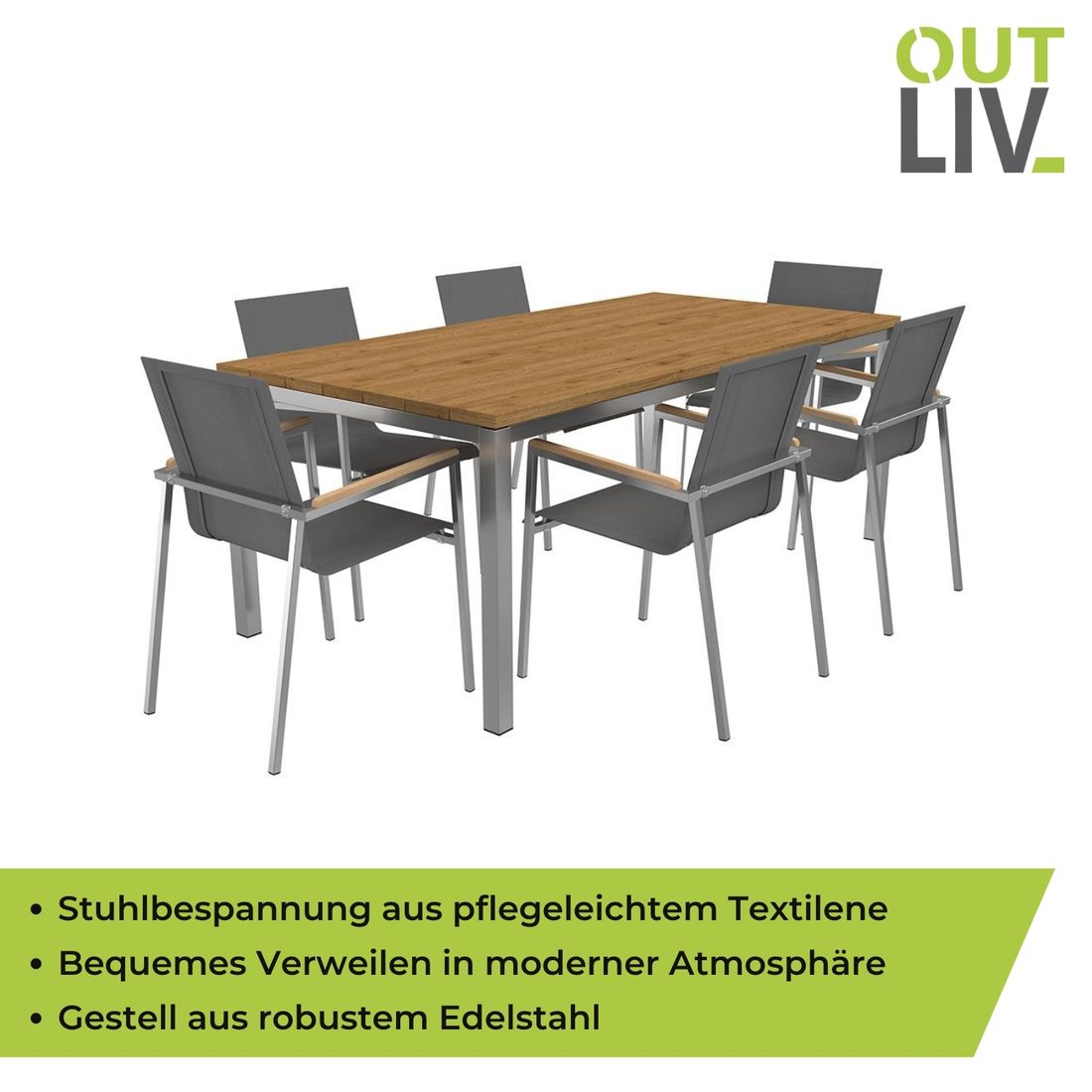 Hagemøbelsett Rimini 6 plasser rustfritt stål 200x100 cm - OUTLIV komplett sett på hage