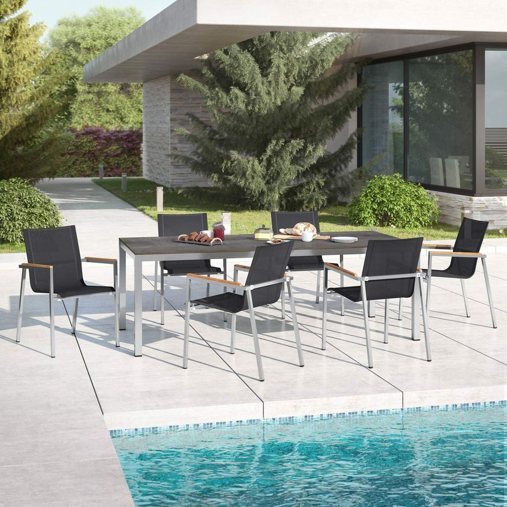 Hagemøbelsett Rimini 6 plasser, rustfritt stål HPL 220x100 cm - OUTLIV forfra