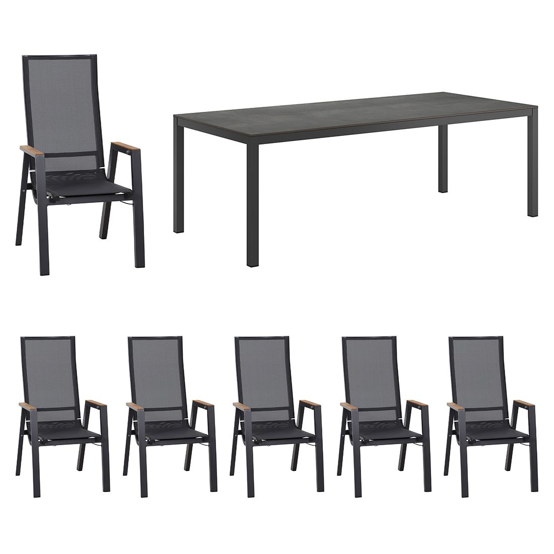 Hagemøbelsett Rondo 7-delers aluminium HPL 220x100 cm forfra