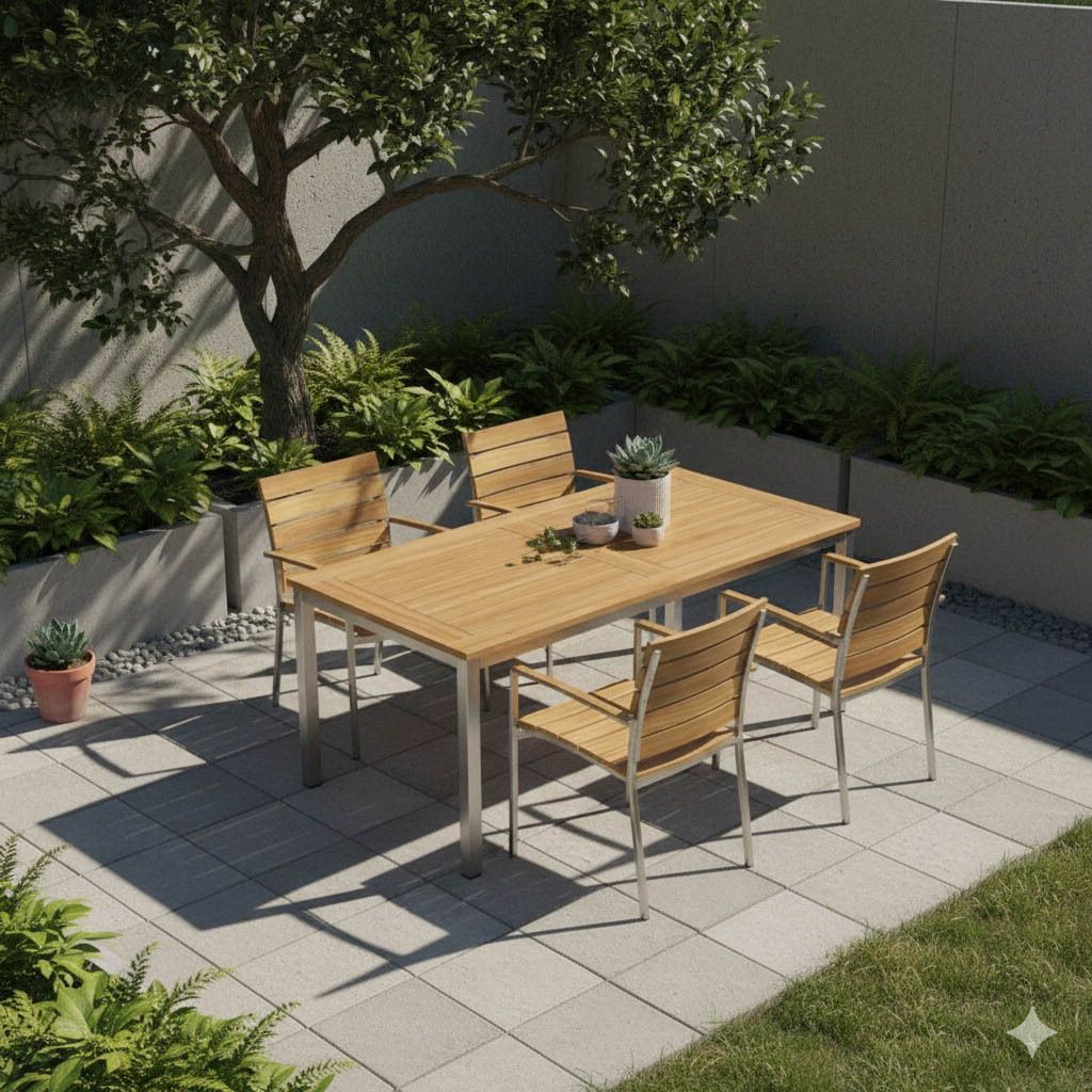 Hagemøbelsett Savona 4 plasser teak rustfritt stål fra foran
