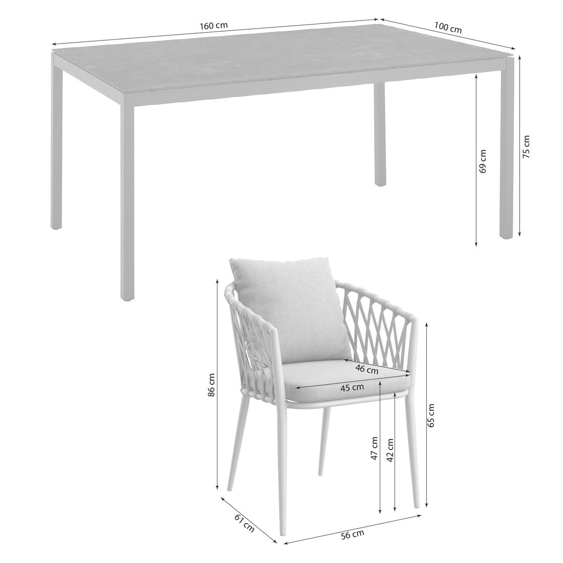 Hagemøbelsett Sunrepo 4 plasser, aluminium/tau detalj tauvev