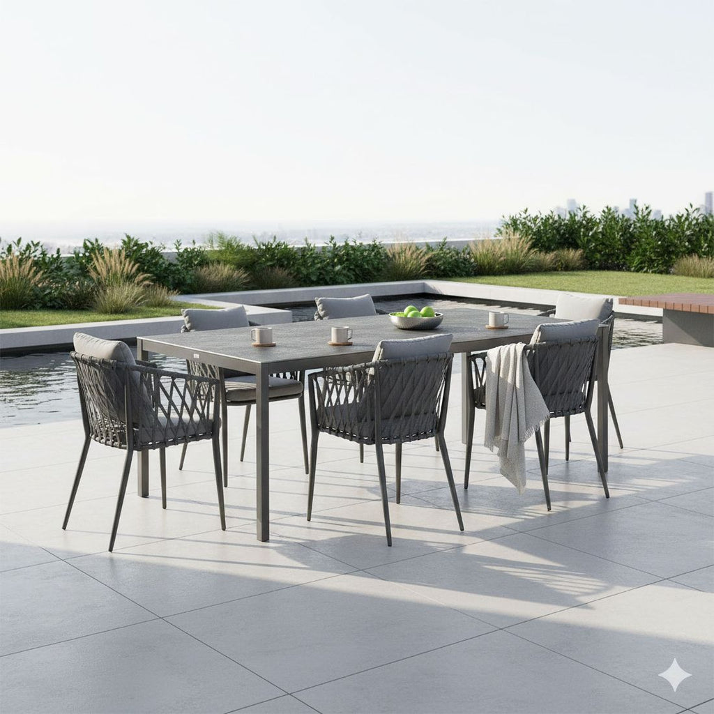 Hagemøbelsett Sunrepo 6 plasser aluminium tau forfra