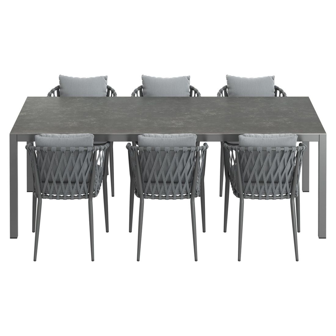 Hagemøbelsett Sunrepo aluminium og tau montert på terrasse