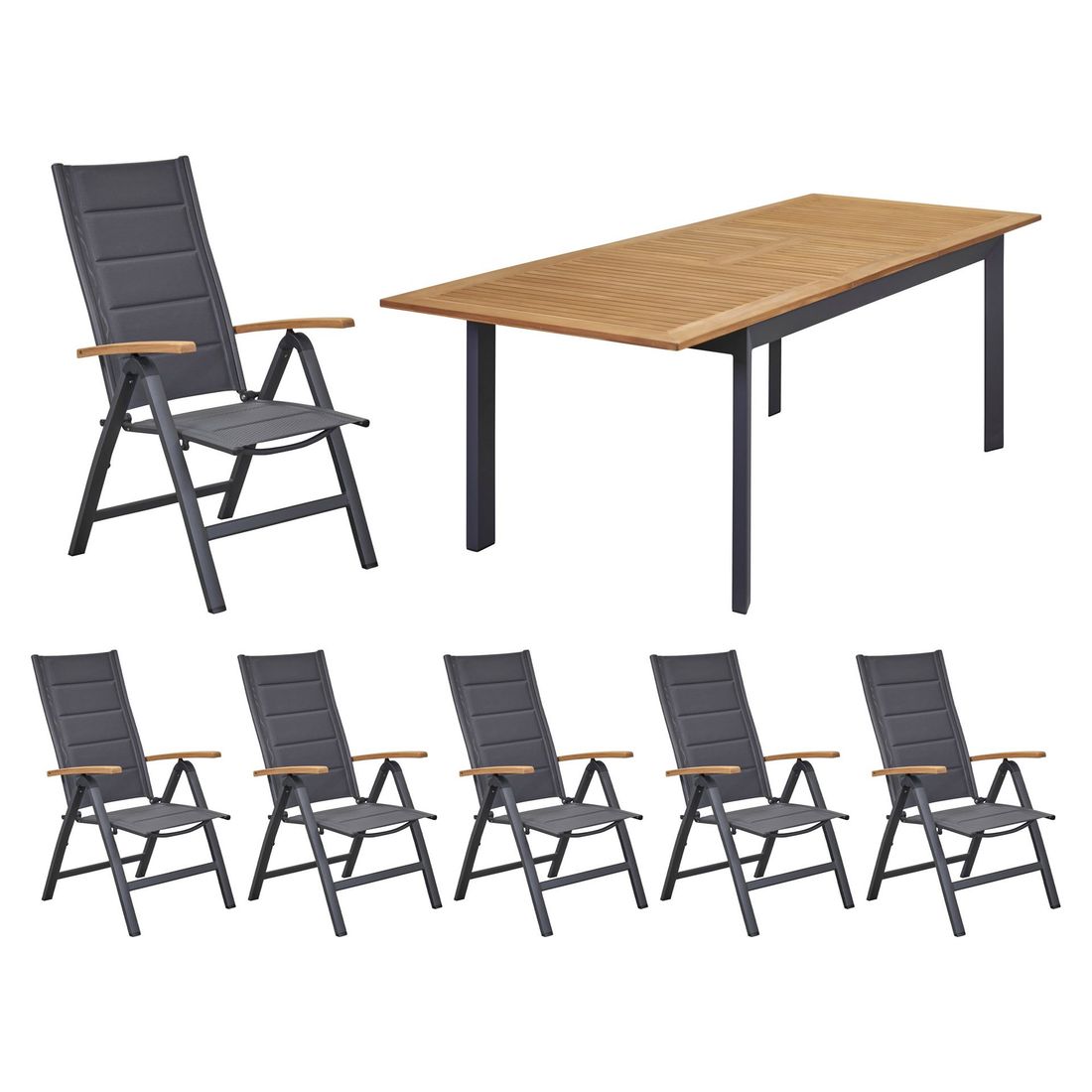 Hagemøbelsett Unicamo 6 plasser aluminium teak bakside