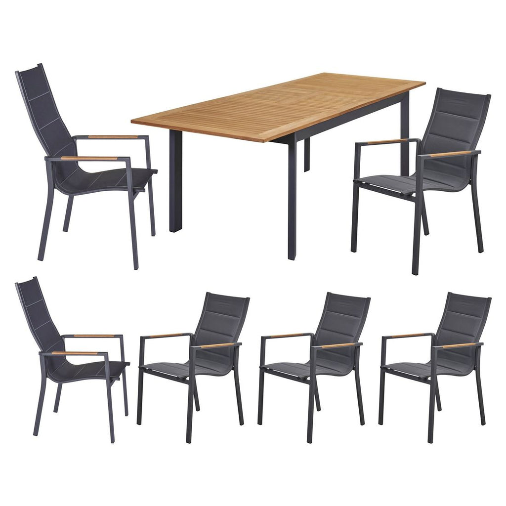 Hagemøbelsett Unicamo 6 plasser stabelstol teak 180/240 cm bakside
