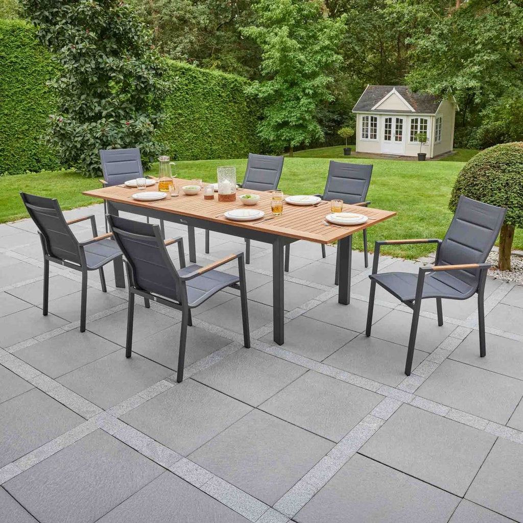 Hagemøbelsett Unicamo 6 plasser teak/aluminium 180/240 cm forfra