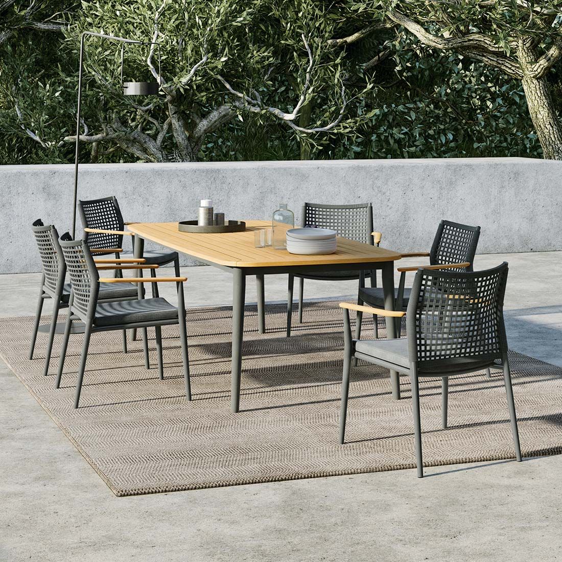 Hagemøbelsett Vera 6 plasser aluminium teak forfra