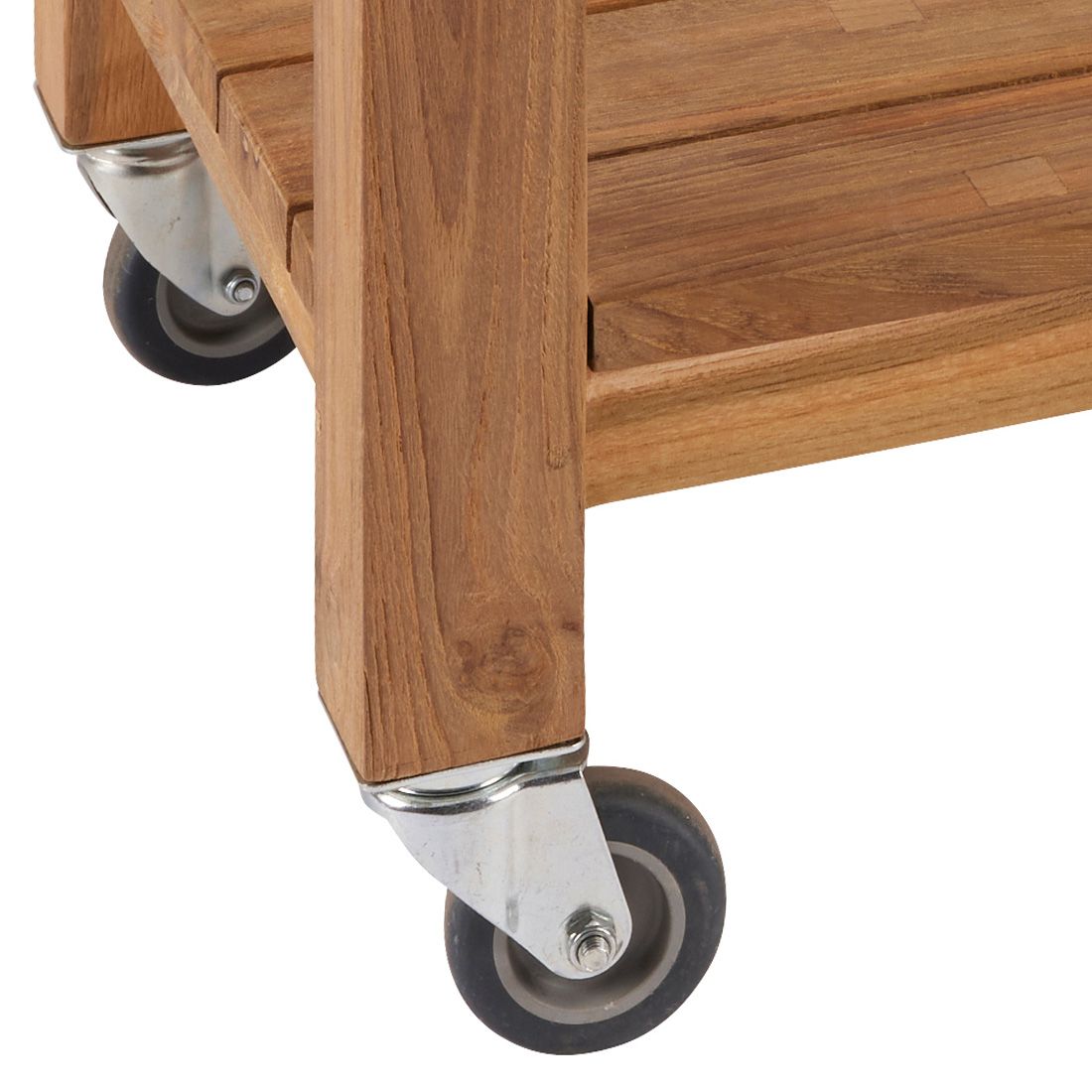 Detalj av soft-close funksjon på Hageskap Hilda resirkulert teak/Silverstar 100x50 cm