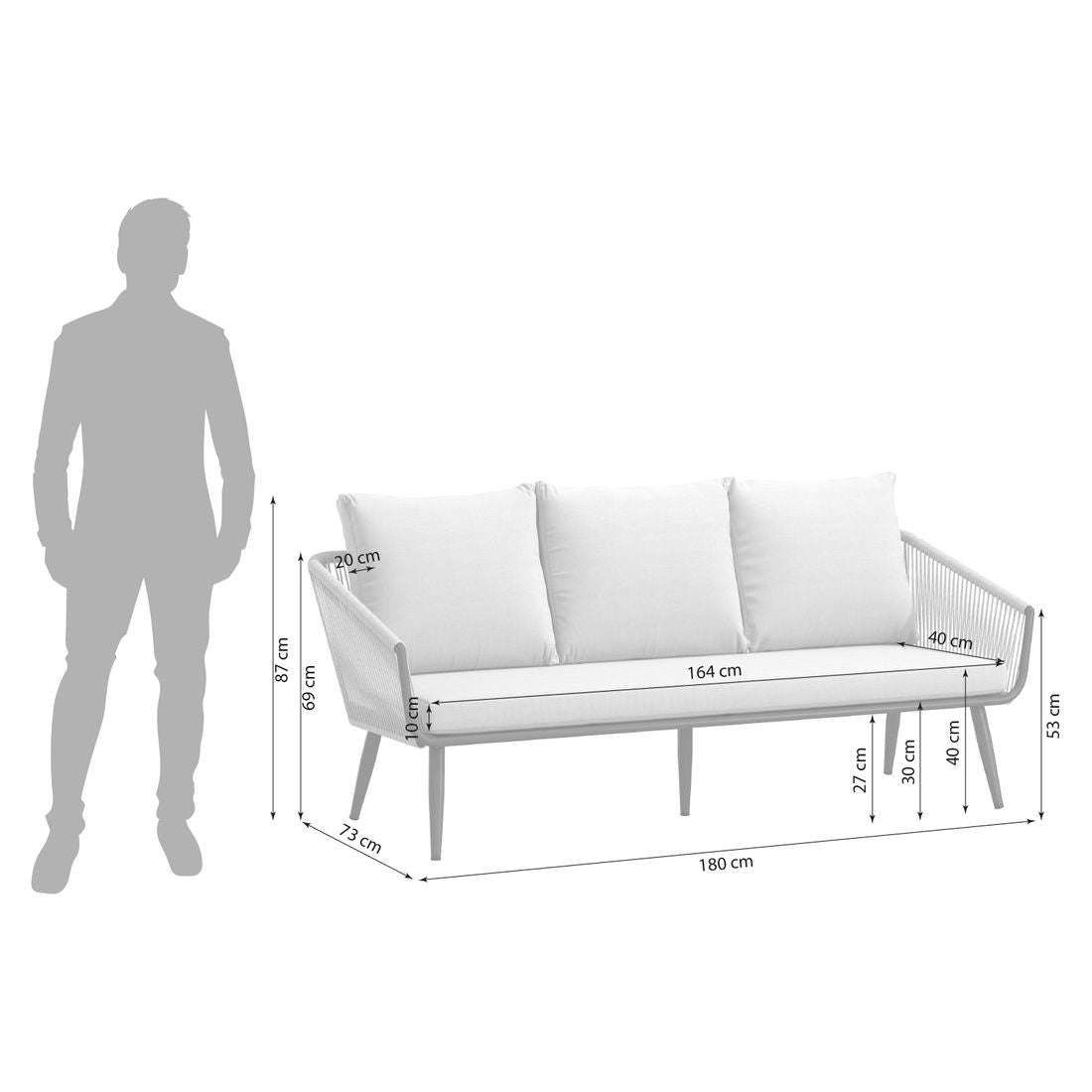 Detalj av tauverk på Hagesofa Alex aluminium tau olefin 180 cm grå