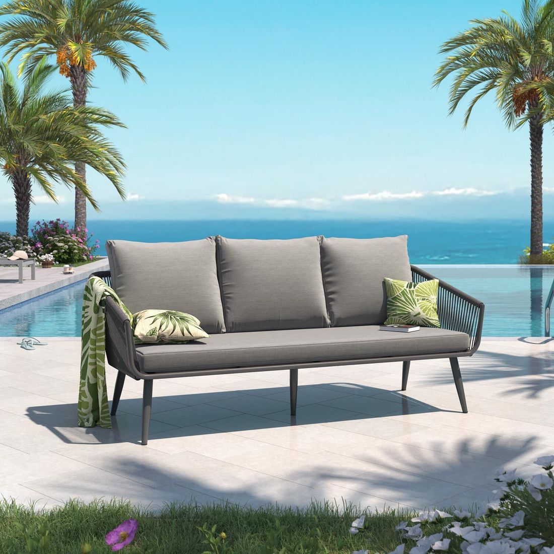 Hagesofa Alex aluminium tau olefin 180 cm grå forfra