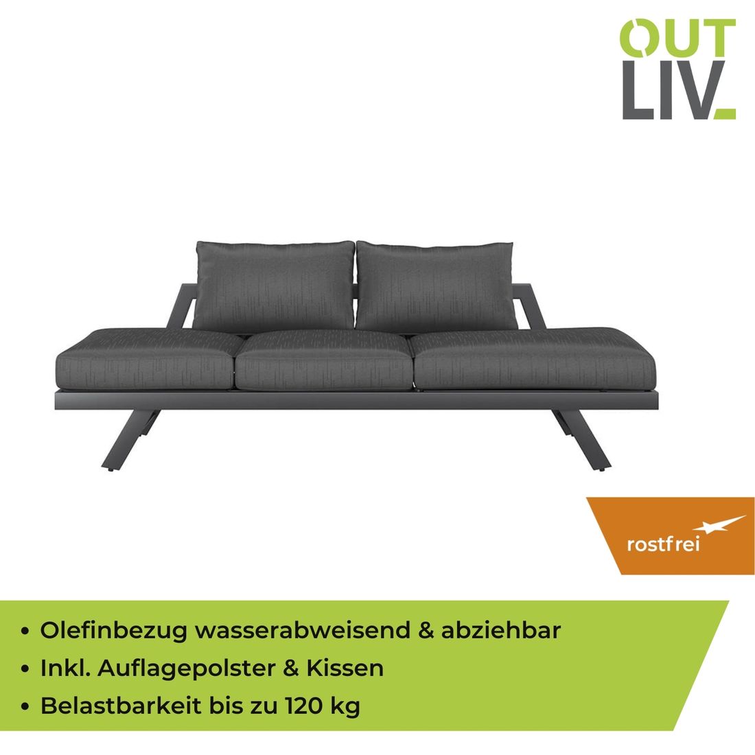 Hagesofa Atlanta aluminium olefin 210x73 cm i sollys