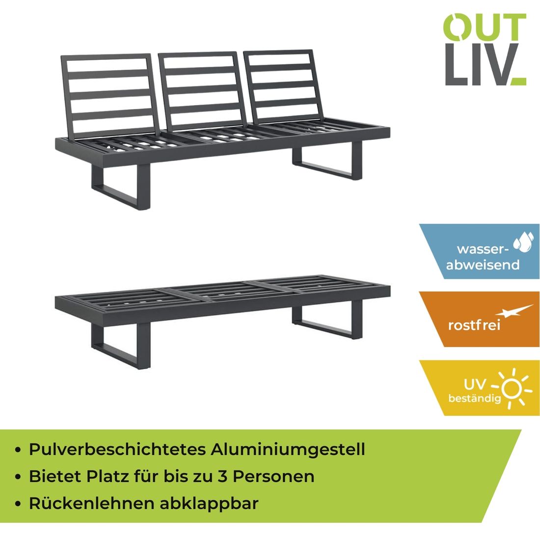Hagesofa Atlanta justerbar aluminium/olefin 210 cm - OUTLIV.