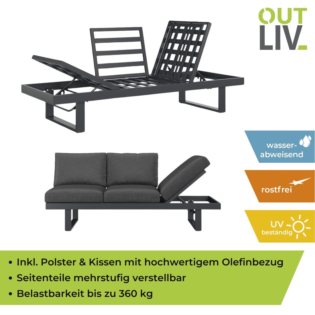 Hagesofa Atlanta justerbar aluminium/olefin 210 cm - OUTLIV.
