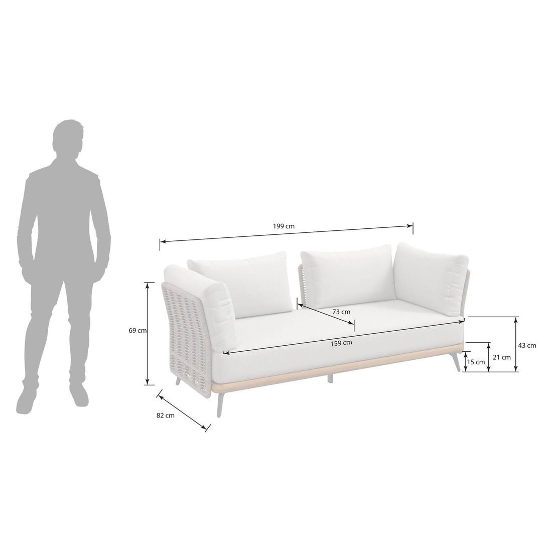 Detalj av tau-materiale på Hagesofa Ava akasie tau 199 cm