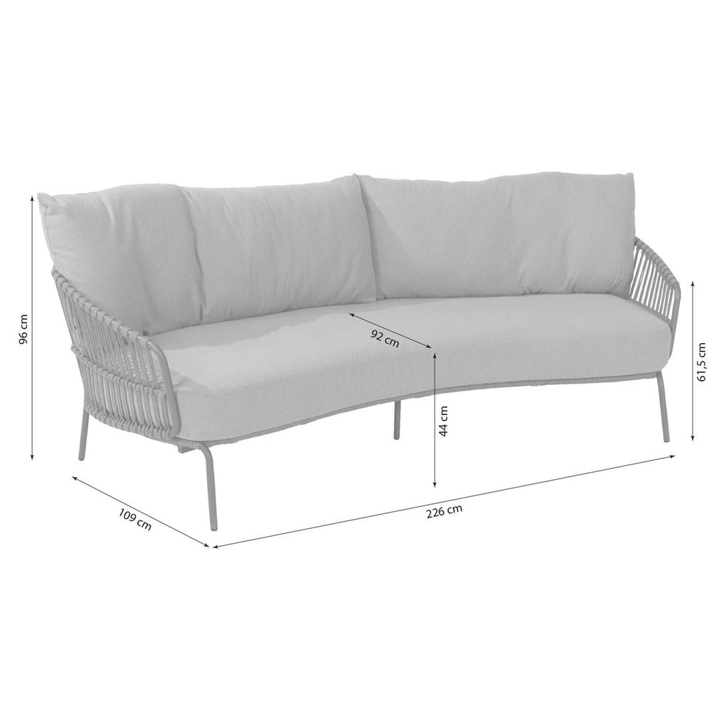 Detaljbilde av stoff og tau på Hagesofa Capalbio rustfritt stål tau olefin 226 cm
