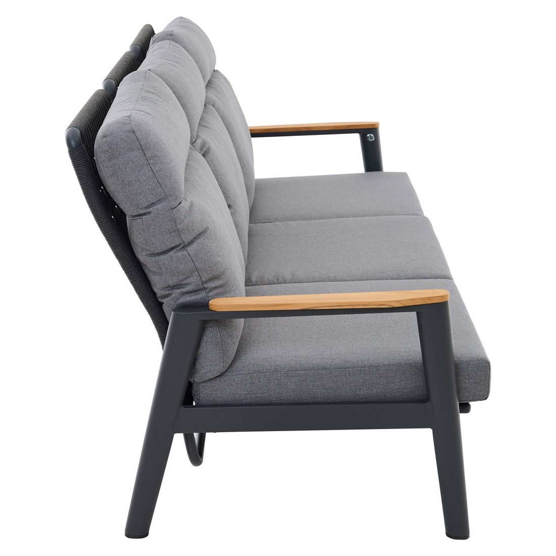 Nærbilde av justerbar rygg på Hagesofa Cortina aluminium og tau 208 cm