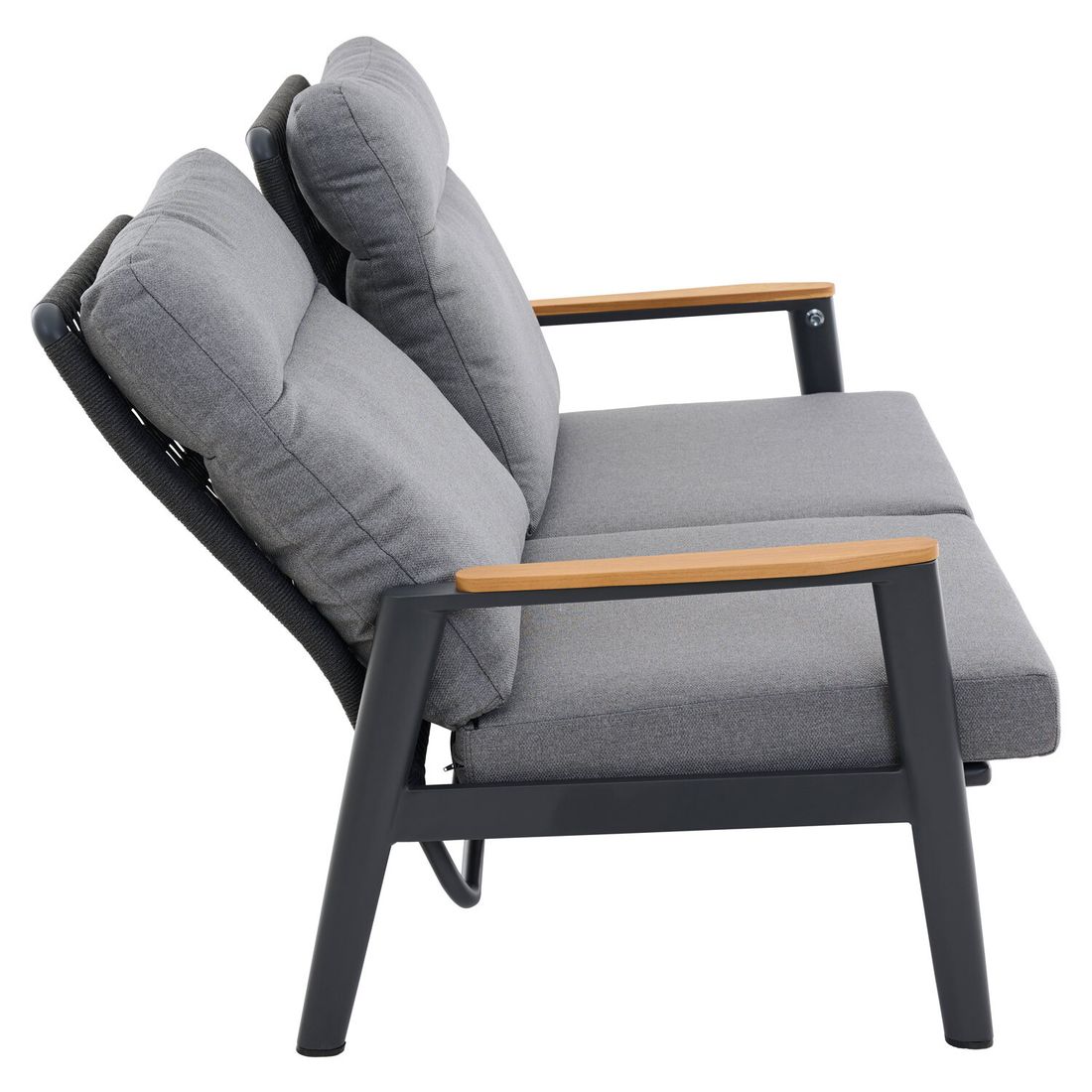 Hagesofa Cortina med blå-grått tekstil i sol