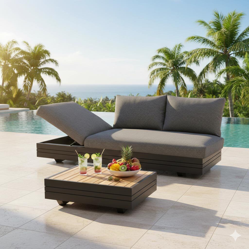 Hagesofa Cubo Neo med loungebord aluminium teak forfra